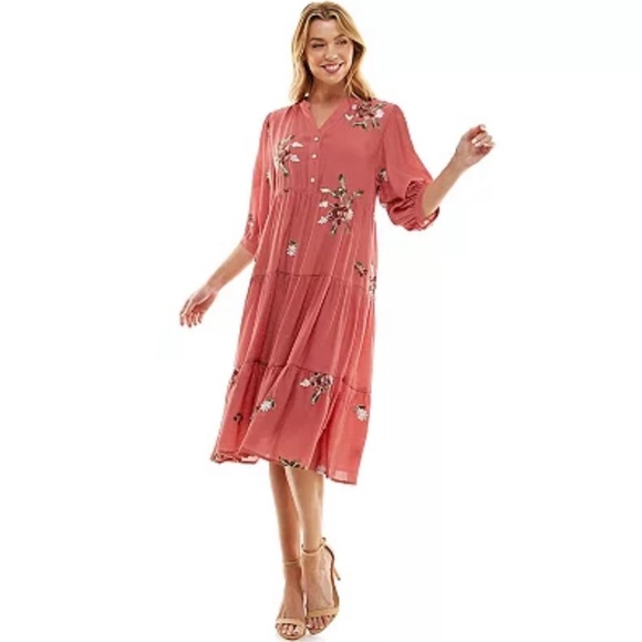 fig and flower Dresses & Skirts - Fig and Flower Dress sz M Button-Front Embroidered Midi, tiered, embroidered